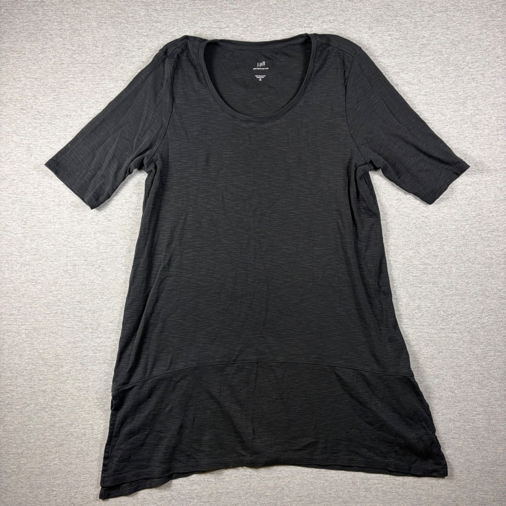 J. Jill Tunic Womens M Tall Black Pima Dipped-Hem Slub Cotton Short Sleeve Top